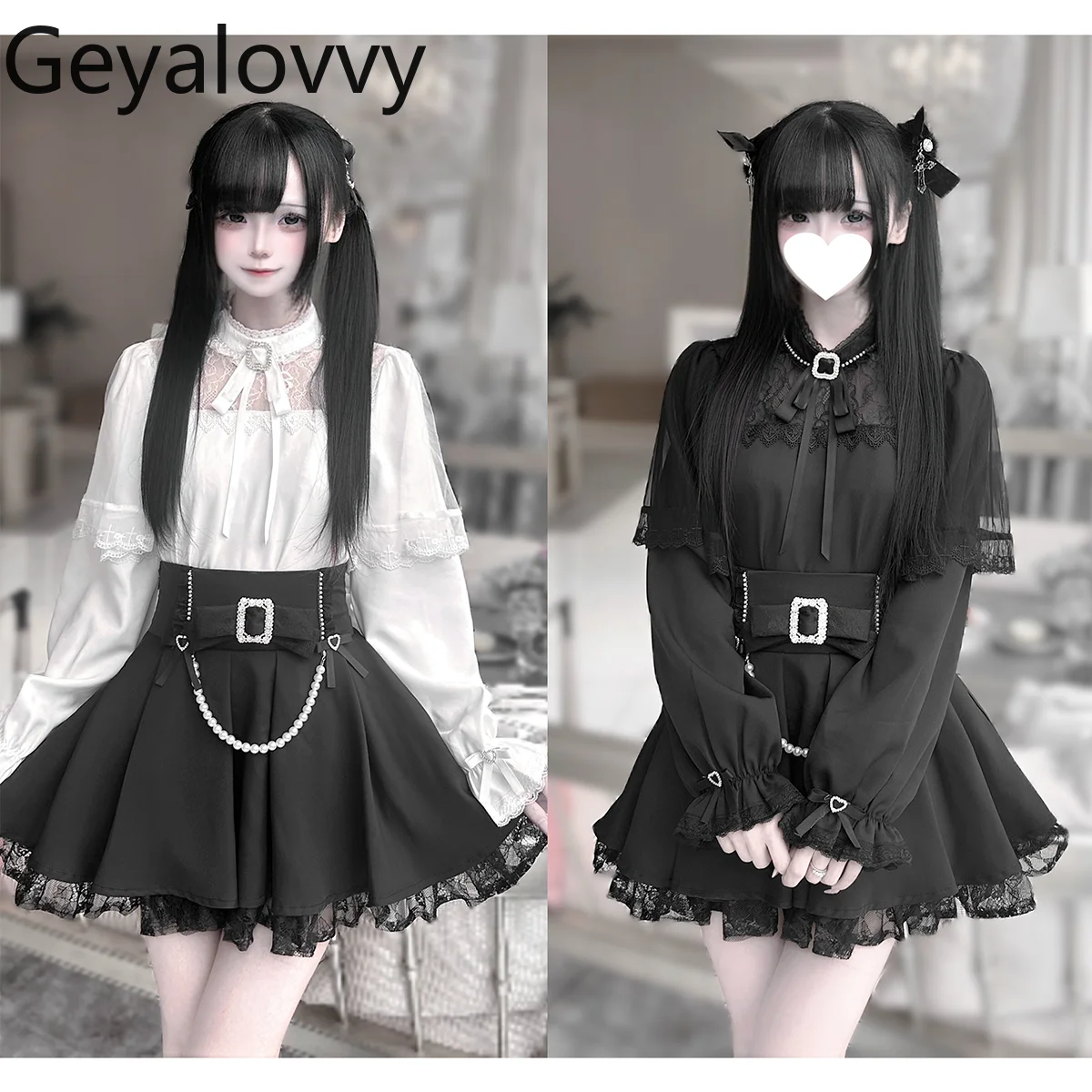 Herbst-Set im neuen japanischen Stil, in Massenproduzierte Subkultur, süßes Spitzen-Langarmhemd und Perlenschleife, hoch taillierter kurzer Rock