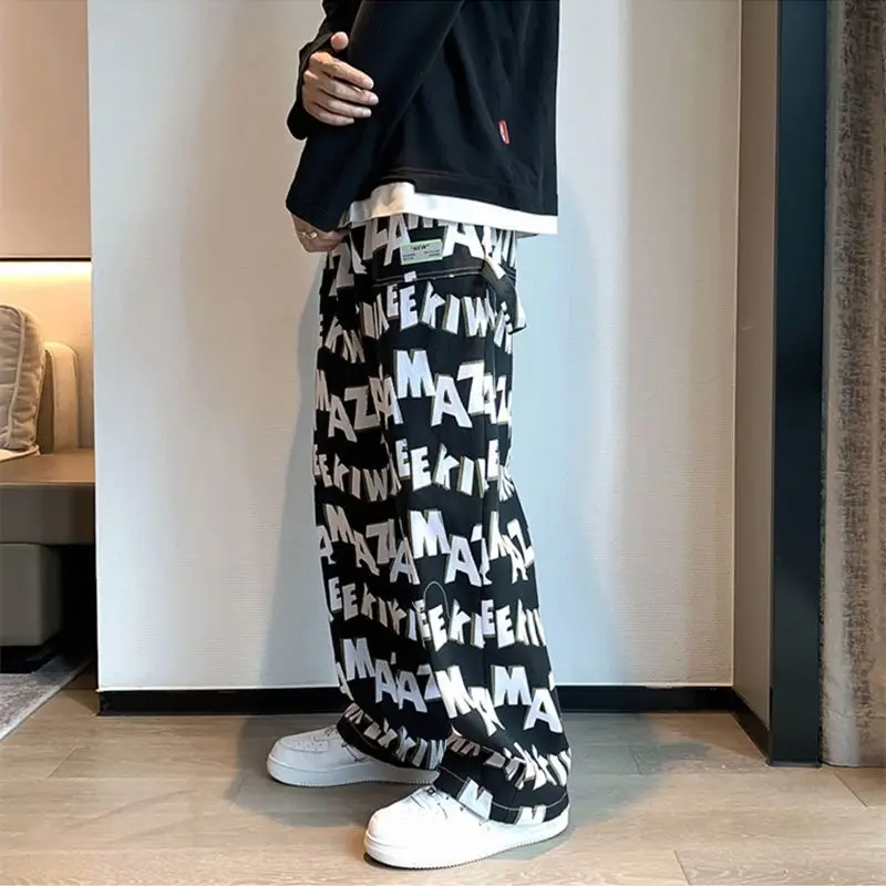 

High Street Letter Printed Casual Pants Fashionable and Versatile Loose and Comfortable Elastic Band Fashionable Straight Pant