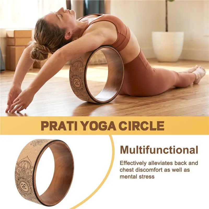 Cork Yoga Wheel For Yoga Poses And Backbends Inversions Wood-Effect And Mandala Print, Dharma Yoga Prop Wheel Multi-Purpose