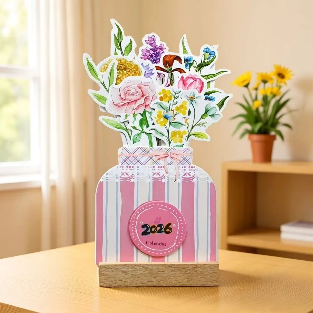 Detachable Wooden Stand Flowers Desk Calendar Card Insert Traditional Mini Desk Calendar Paper Craft Vase-Like Calendar New Year
