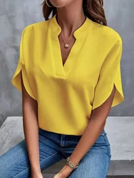 Spring and Summer Ladies Elegant and Fashionable Solid Color Short Sleeved Breathable Shirt Casual V-neck Loose Top