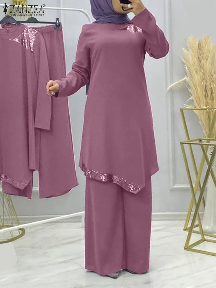 

ZANZEA Women Causal Matching Sets Muslim Long Sleeve Blouse Sets Sequins Elegant Abaya Suit Islamic Clothing 2PCS Loose Outfits