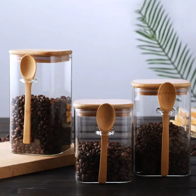 

Japanese Style Square Glass Sealed Storage Jar with Wooden Spoon Seasoning Box Coffee Bean Cans Household Milk Powder Tea Cans