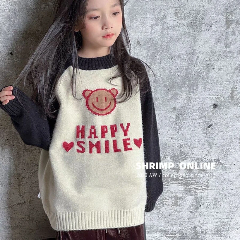 

Sweaters Girl Western Children Autumn Winter Korean Version Raglan Sleeves Knitted Sweater Top Active