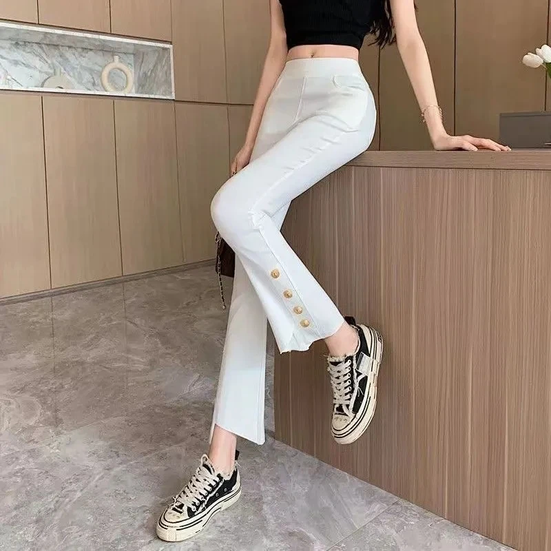 

Office Lady Fashion Versatile White Slim Flare Pants Korean Autumn New Women High Waist Irregular Split Casual Elegant Trousers