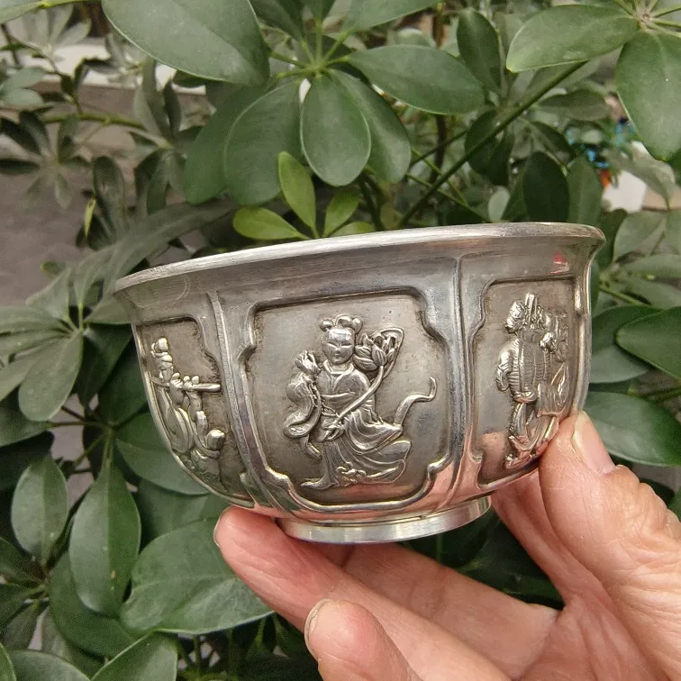 Zhenguan Silver Bowl Relief otto immortali per l'arredamento della casa della ciotola del Buddha