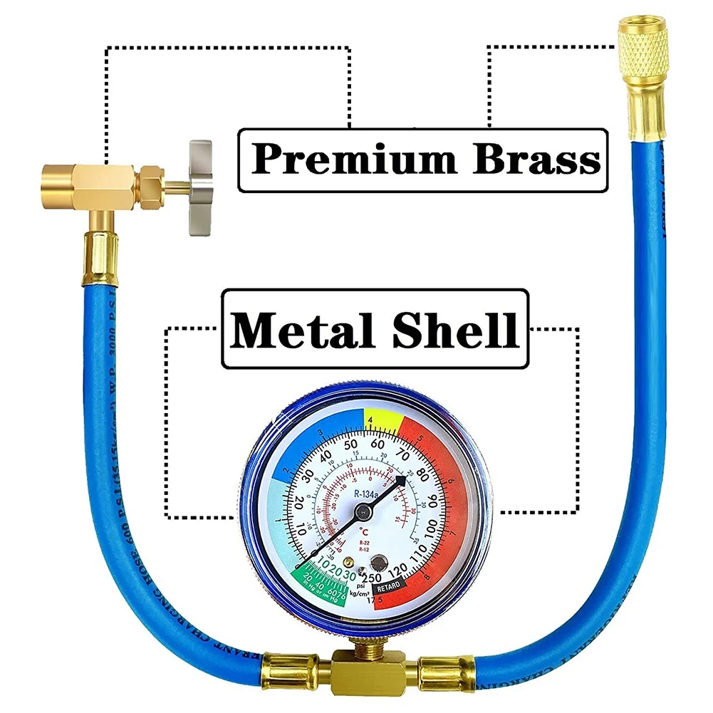 R134A Refrigerator Freon Recharge Hose Kit, R134A AC Refrigerant Charging Hose Gauge, Piercing Valve Hose Refrigerant