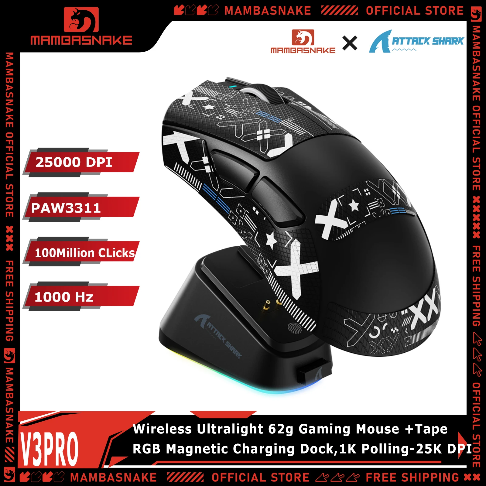 ATTACK SHARK V3 PRO Wireless Ultralight 62g Esports Gaming Mouse-+Tape RGB Magnetic Charging Dock,1K Polling-25K DPI-PAW3311