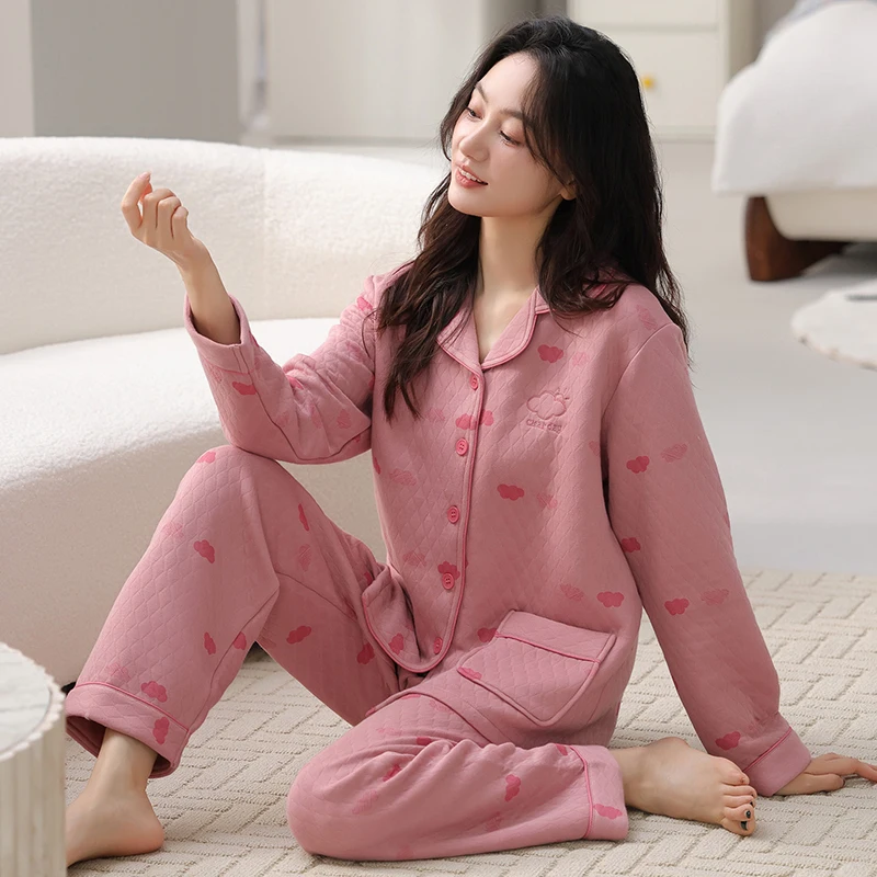 

Высокое качество, большой размер M-4XL, зимний женский пижамный комплект, хлопковая пижама с воздушным зажимом, женская толстая одежда для сна с отложным воротником