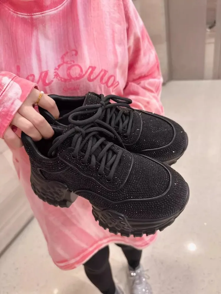 Lente Vrouwen Dikke Bodem Comfortabele Gesplitste Diamanten Platform Sportschoenen Effen Kleur Veters Jogger Sneakers Hardloopsneakers