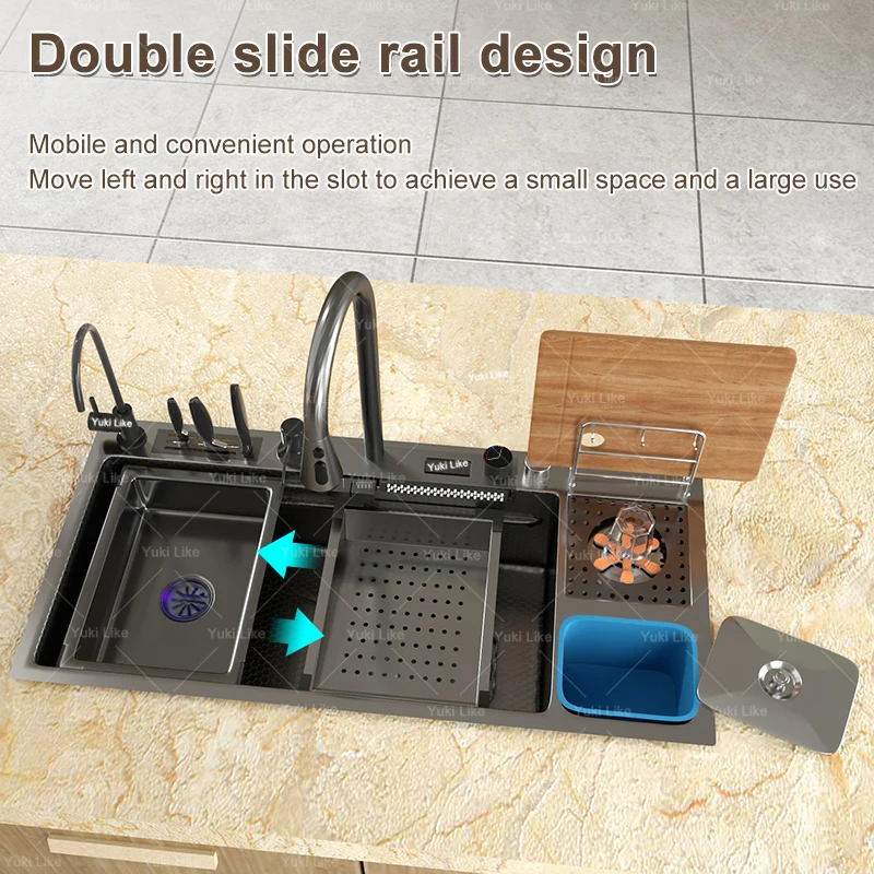 アップグレードされたキッチン モダン スマート ナノ ステンレス製シンク ウォーターフォール デジタルディスプレイ シンク ゴミ箱付き カウンター上キッチン用