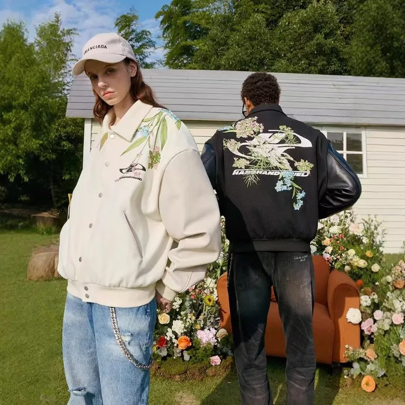 

American high street top floral embroidery men baseball jacket 2025 New Y2K punk Harajuku clothing couple casual pilot jacket