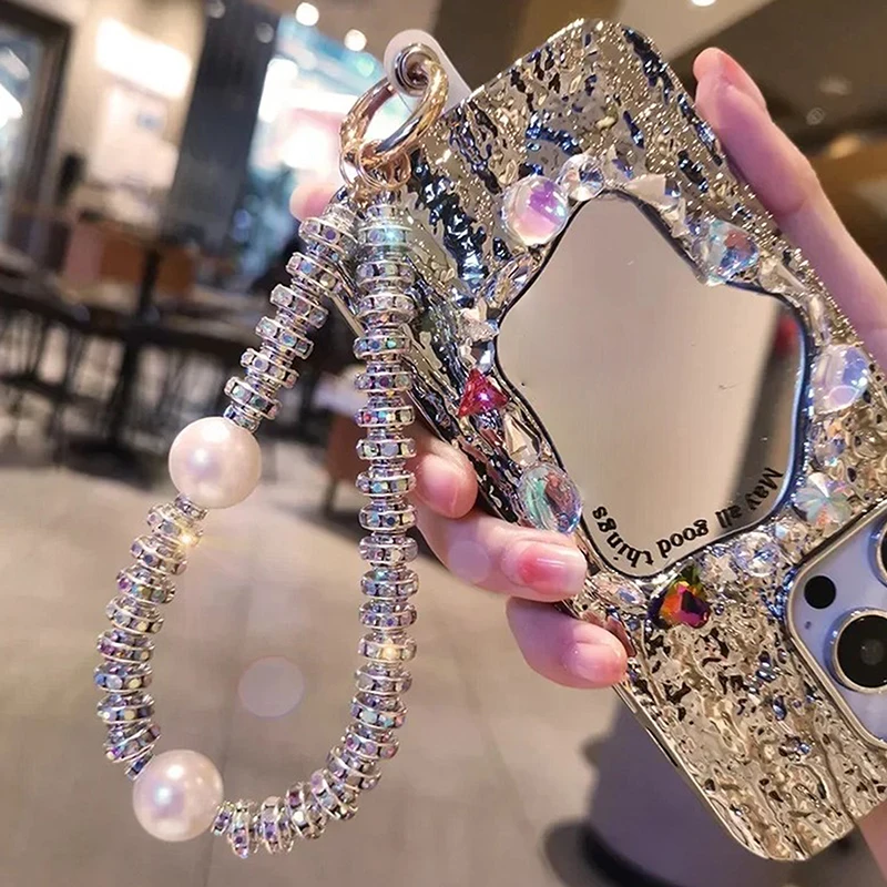 1Pc Luxury Diamond-encrusted Wrist Chain Short Pearl Diamond Pendant Mobile Phone Case Universal Lanyard Diamond Ring Anti-lost