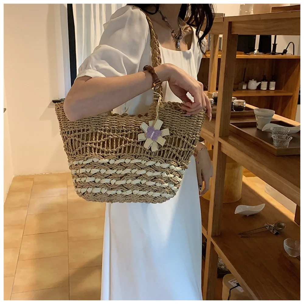 Brand Letter Straw Handbag for Women Hollow Paper Woven Big Tote Summer Beach Bag Ladies Fashion Shoulder Bag Shopper purse 2024