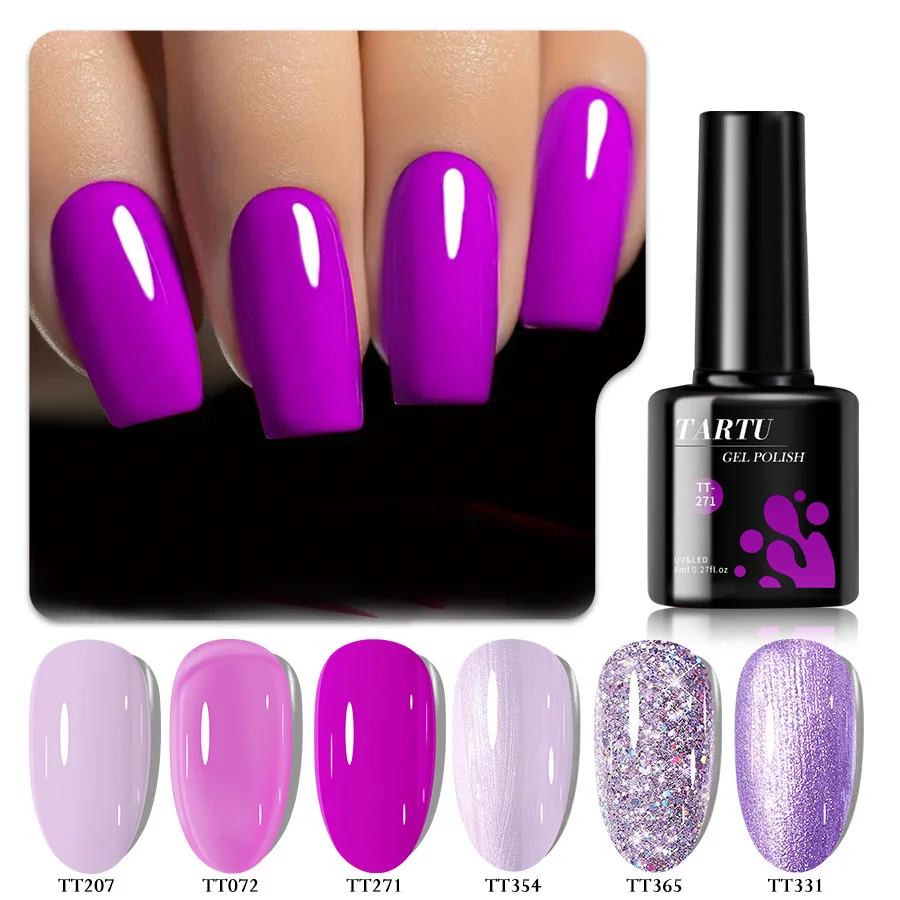 مجموعة طلاء أظافر جل لامعة مكونة من 6 ألوان تتضمن ألوان كاكي وأرجواني وأبيض وأحمر وبني وأزرق وأسود شبه دائمة