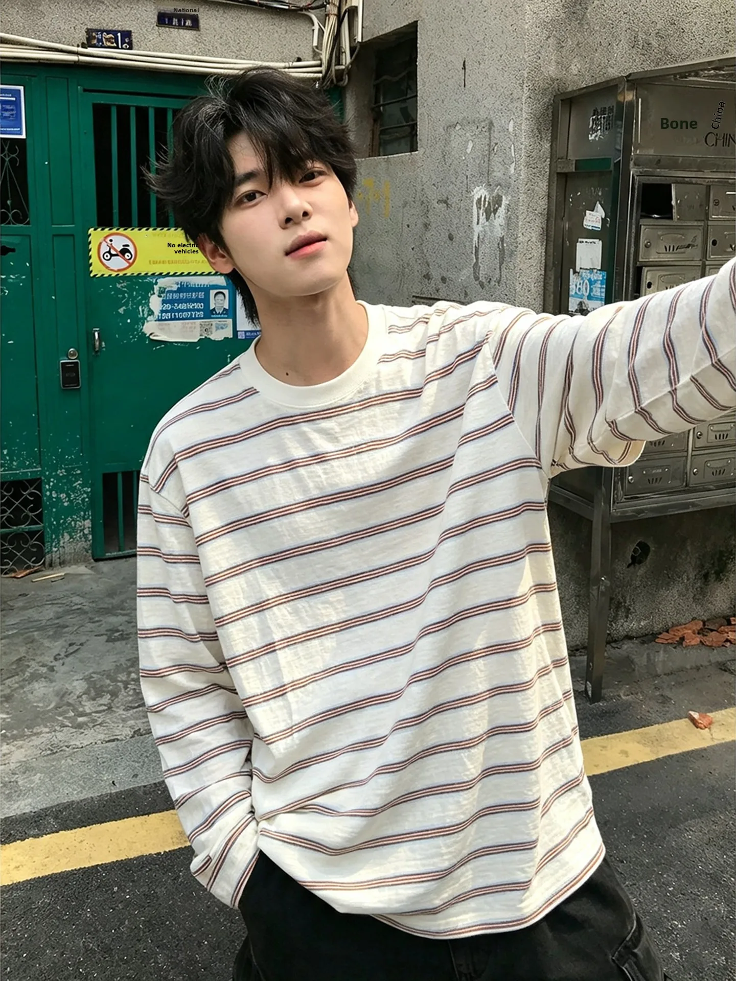 Casual Stripe Patchwork Long Sleeve T-Shirt Loose round Neck Overhead Breathable Base Shirt Casual Top for Teen Boys