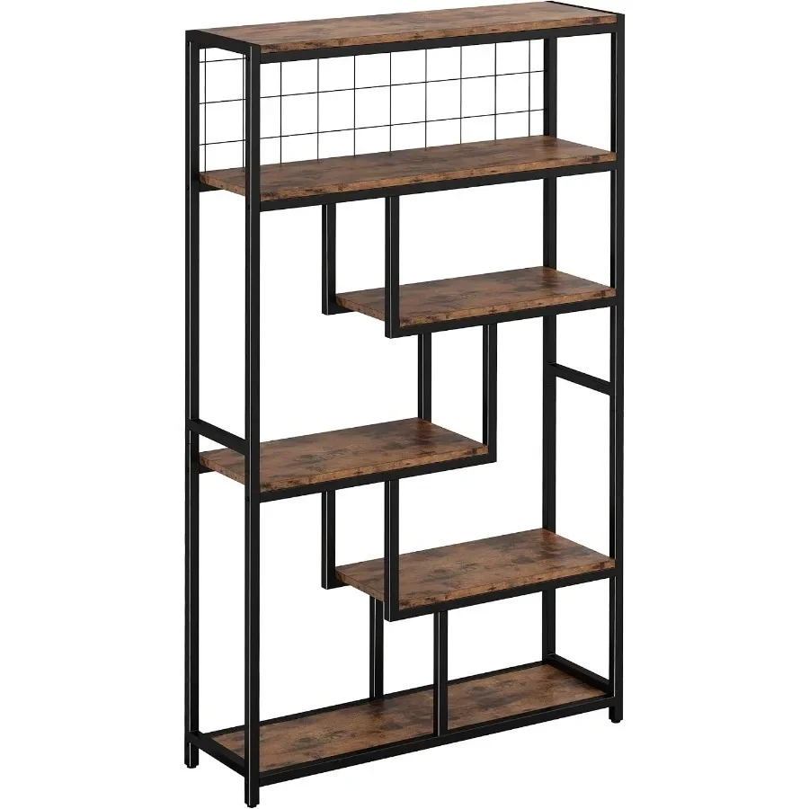 Bookshelves 6 Tiers, Industrial Etagere Heavy Duty Shelves for Living Room, Black Metal with Wood, Rustic Style and Adjustable view 6
