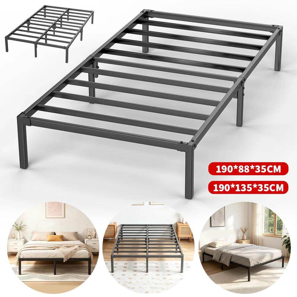 Image of Metallbettgestell mit Stauraum unter dem Bett, modernes Bett, einfaches Design, Bettgestell aus schwarzem Metall, Matratzenunterlage 88×190cm/135×190cm, robuste Struktur.