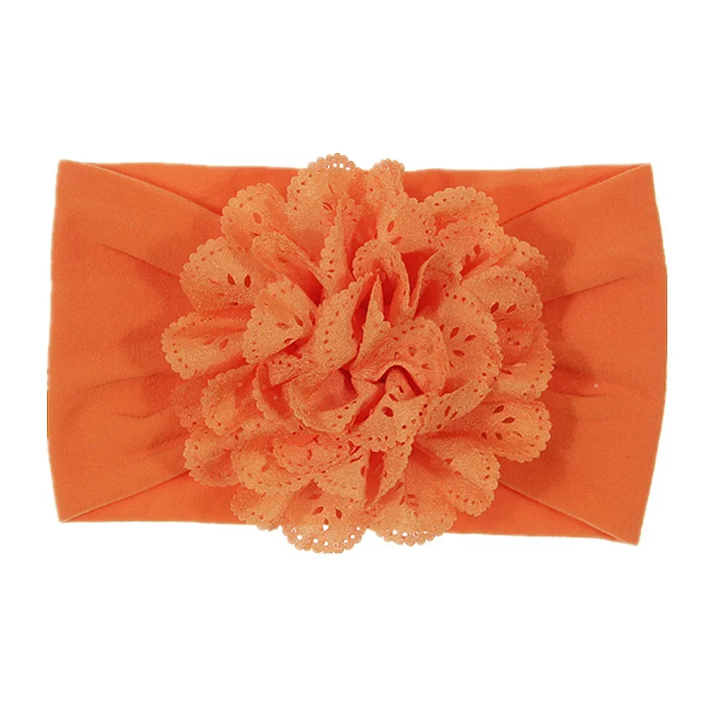 New Soft Stretch Eyelet Fabric Flower Baby Headband Newborn Knot Wide Nylon Headwraps Turban Girls Headwear Kids Photo Props