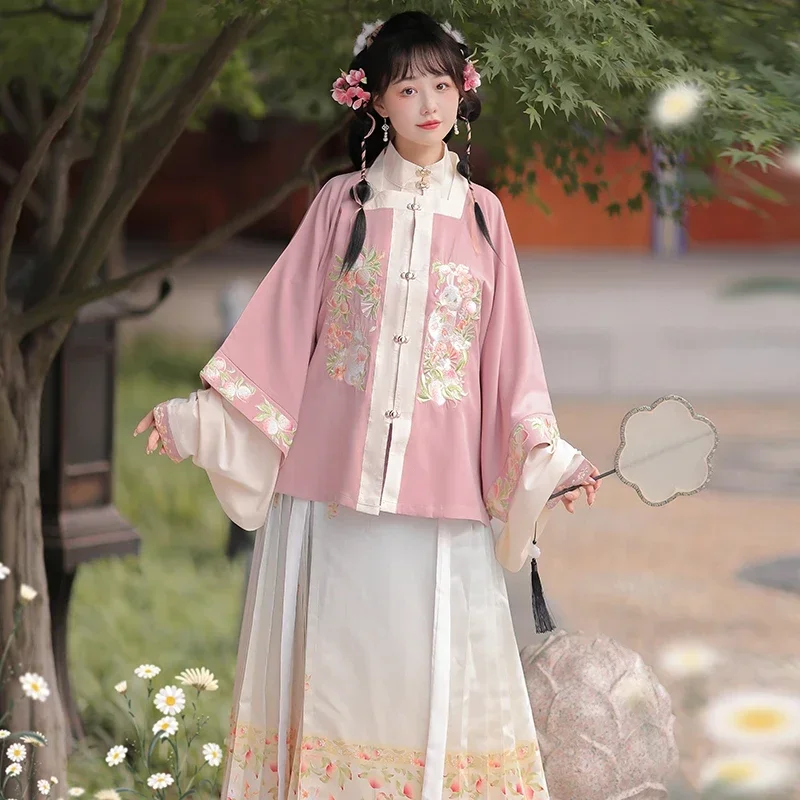 2 Colors Chinese Style Square-cut Collar Hanfu Dress Set Elegent Half Sleeve Coat Underwear Shirt Ming Dynasty Horse Face Skirt