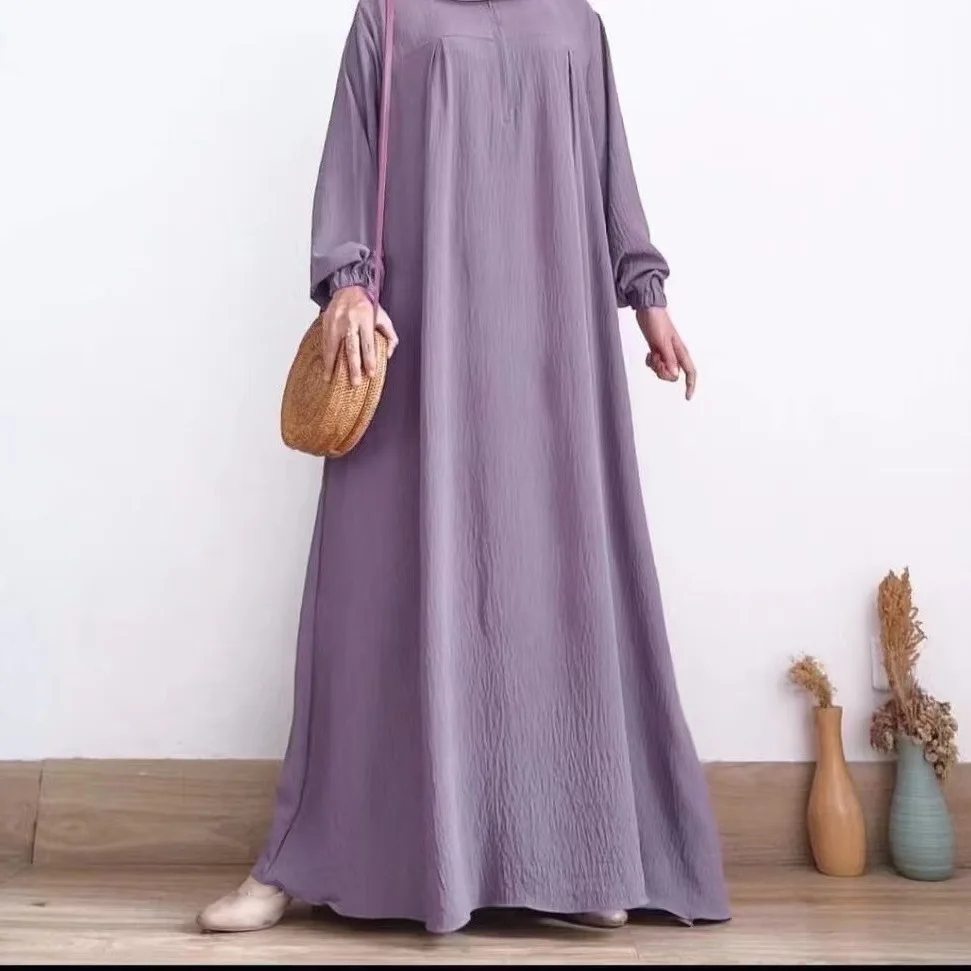 Muslim women's solid color bubble sleeve dress with front zipper, round neck, elastic cuffs, long robe