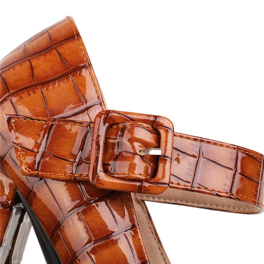 Fashion Women Platform Mary Janes Ultra High Thick Heels Red Brown Crocodile Leather Party Dress Office Ladies Square Toe Pumps