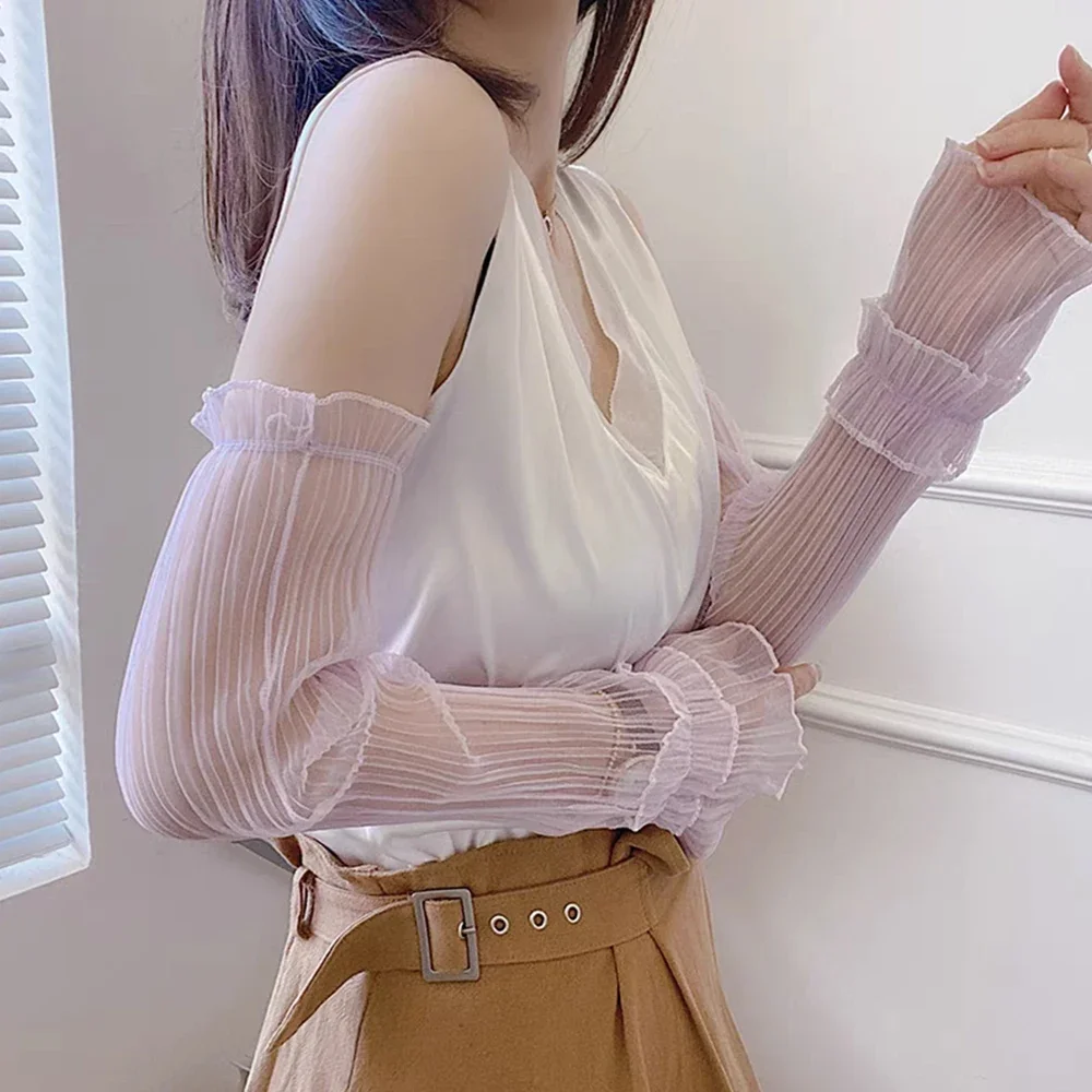 واقية من الشمس سيدة الأكمام رقيقة الدانتيل الأصفاد باردة شبكة الذراع كم واقية من الشمس الأشعة فوق البنفسجية تنفس القفازات الحرير الجليد طويلة أصابع قفازات #2