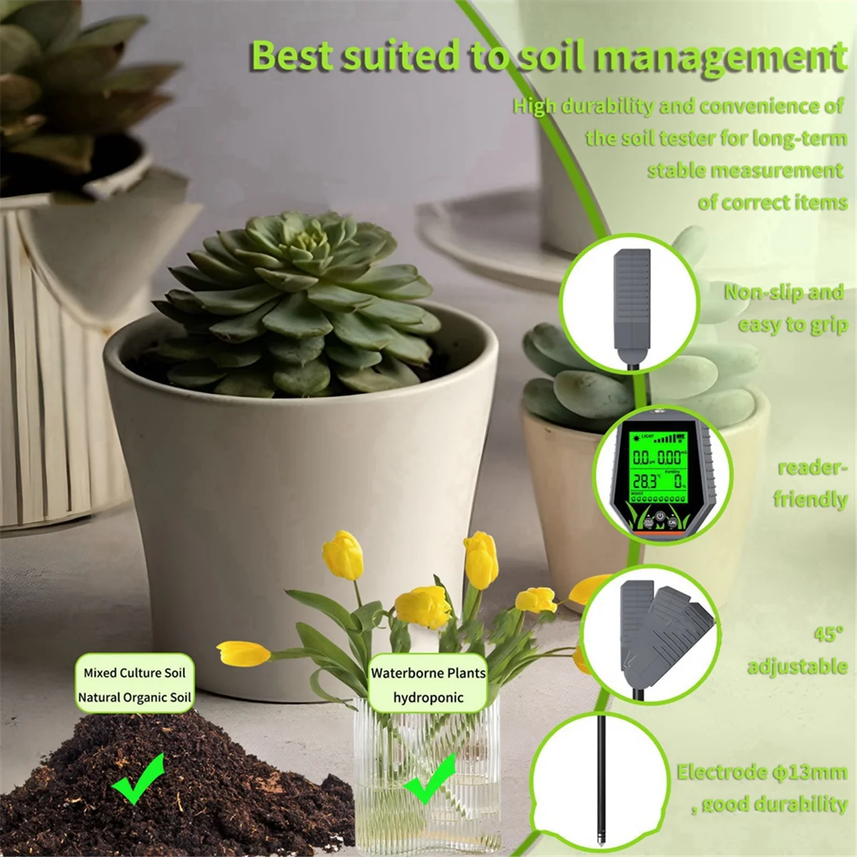 

[stock] 6-In-1 Soil Tester PH Meter/EC/Light Intensity/Fertility Temperature and Humidity Soil Orchard Compost Tester