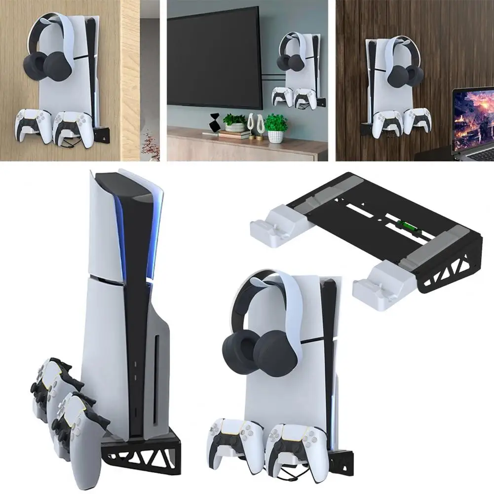 Charger Vertical Stand Ps5 Slim Wall Mount Bracket Game Console Stand Holder with Controller Charger Headset Hanger Strong
