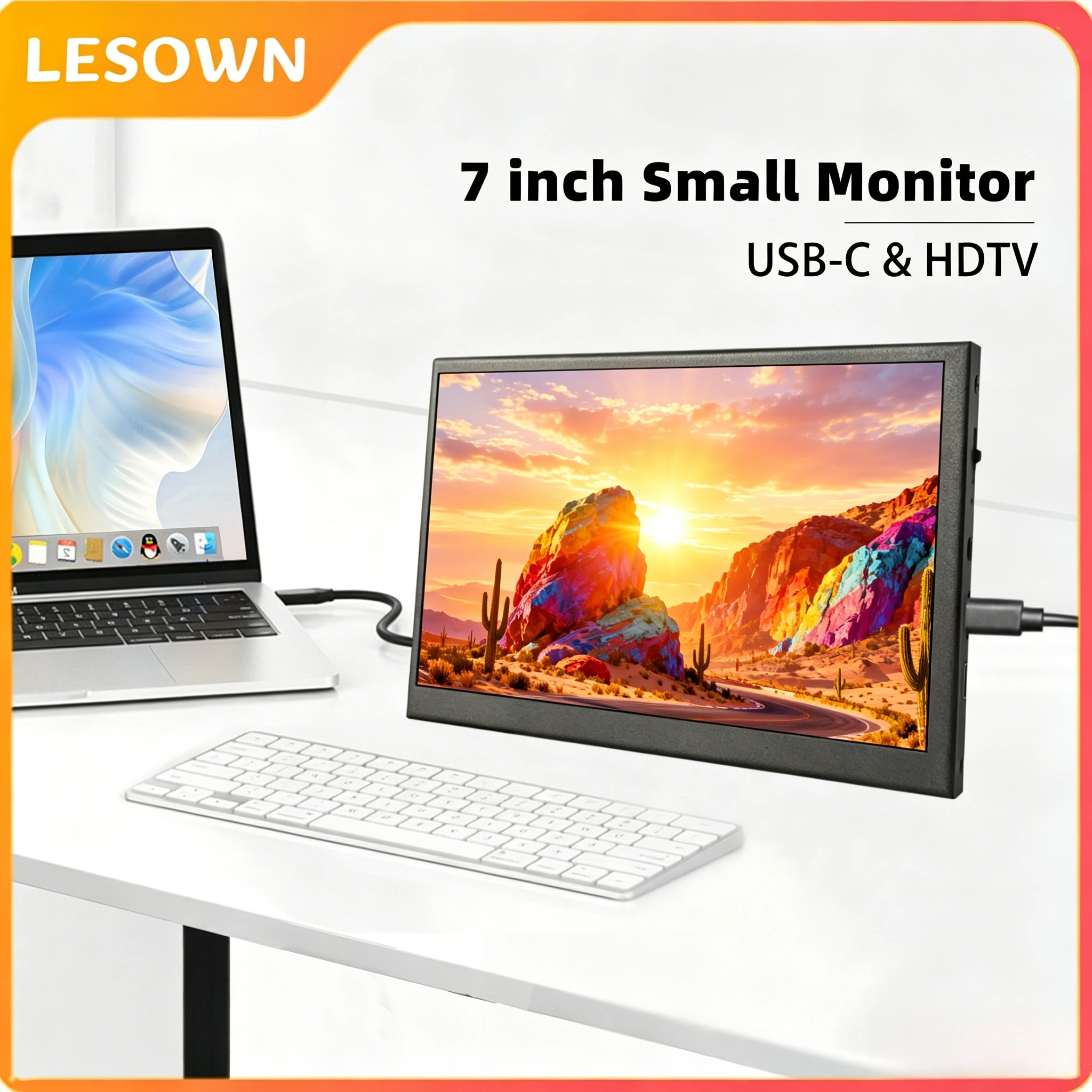 LESOWN 7.0in Aluminum PC Modding Screen 1024x600 Type-C Secondary Display 16:9 for Gaming Rig Hardware Monitoring