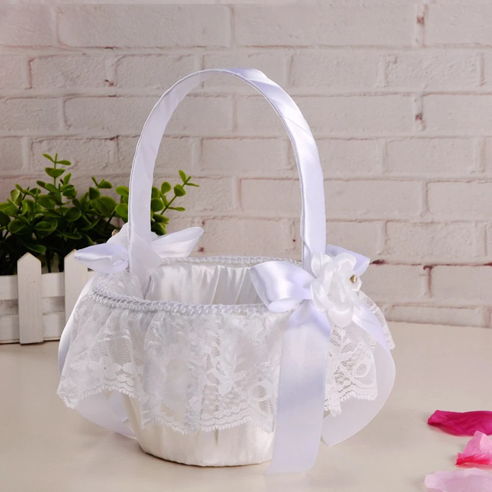 

Elegant Flower Girl Basket Vintage Wedding Baskets Bridal Gifts Bow Decor Ceremony Wicker Storage For Flowers Petals Candies