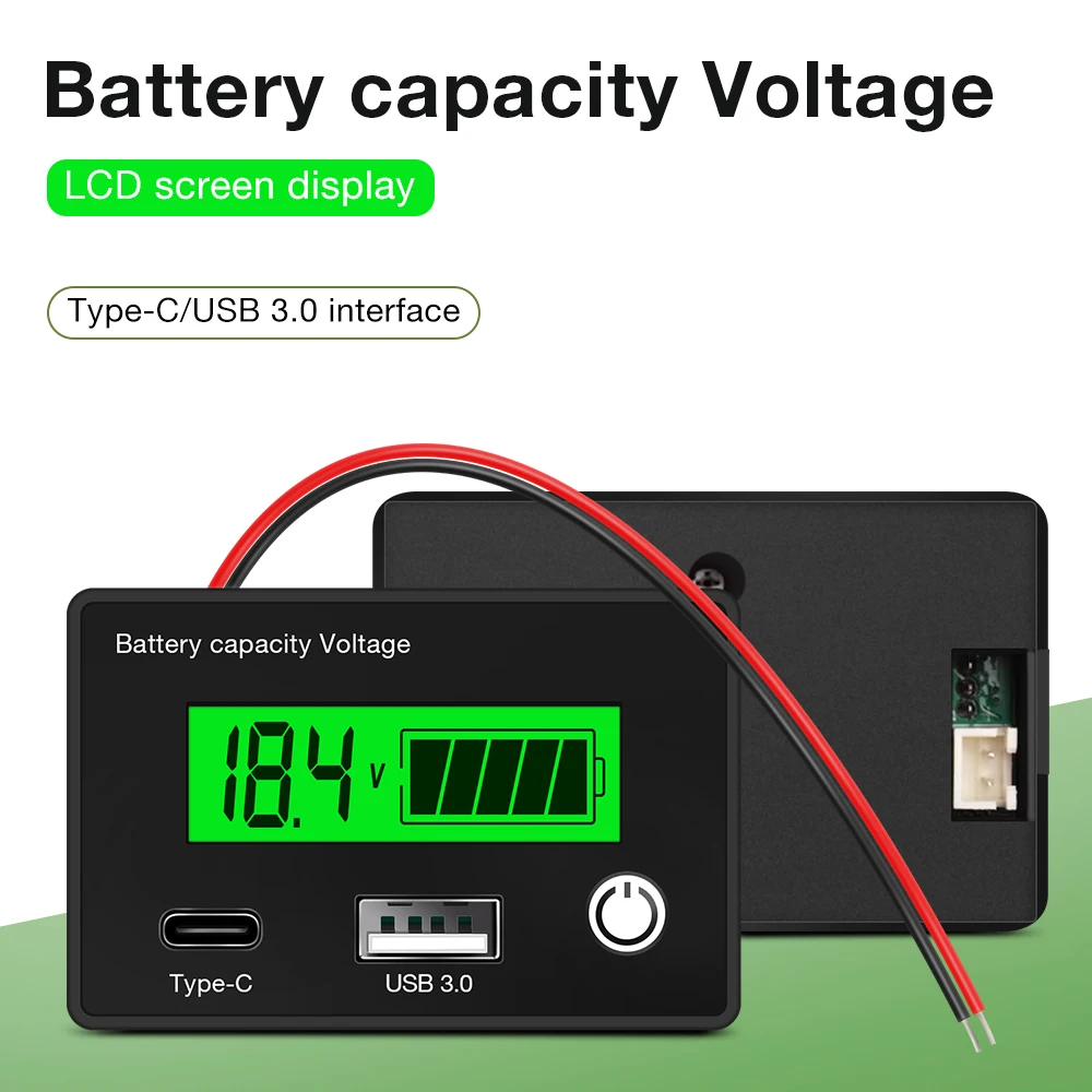 DC8-30V Battery Capacity Tester Digital Voltmeter Battery Capacity Gauge Indicator Battery Level Detector with USB3.0 and Type-C