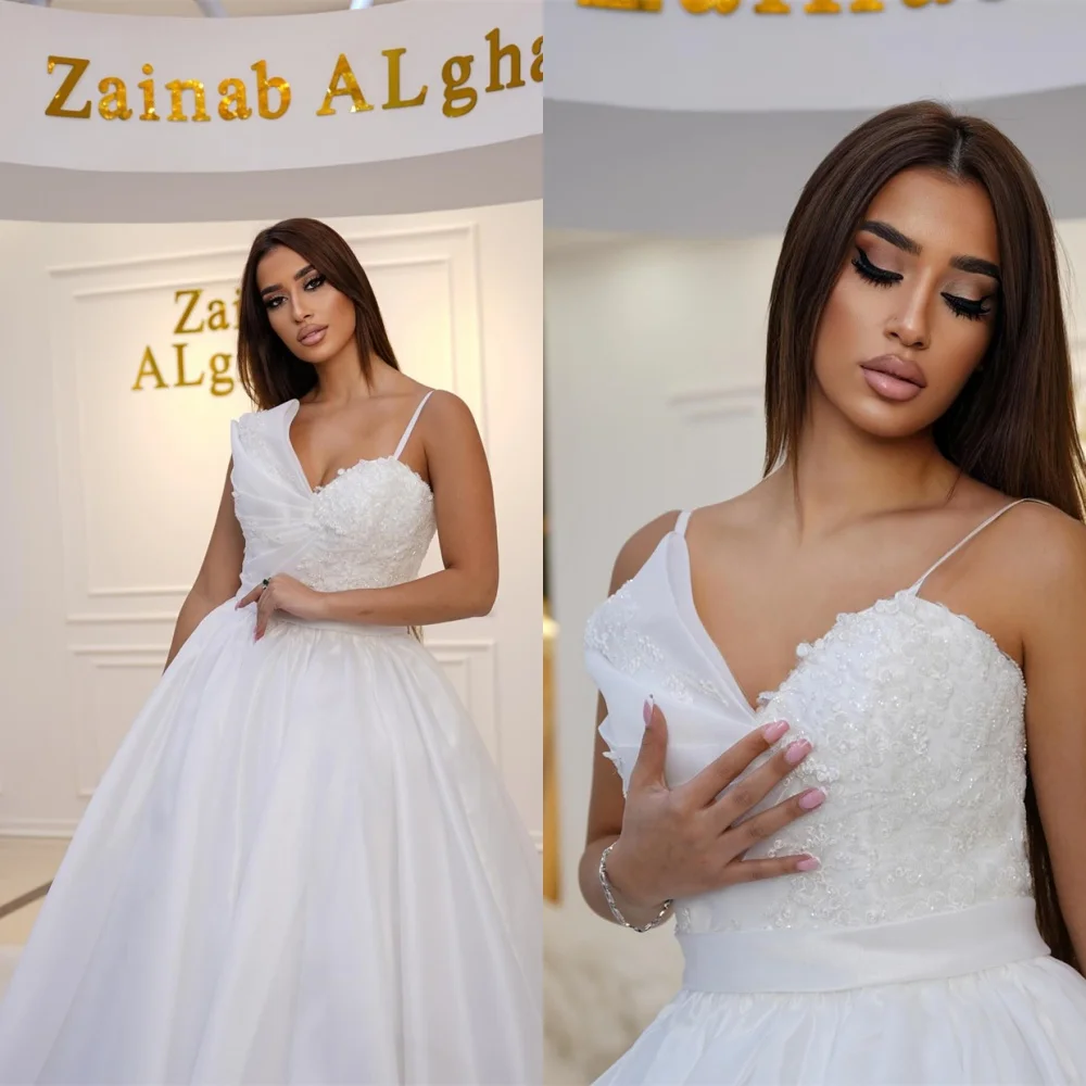 

Customized Exquisite White Organza Wedding Dress Classic Strapless Spaghetti Straps Sleeveless Chapel Train Bridal Gown