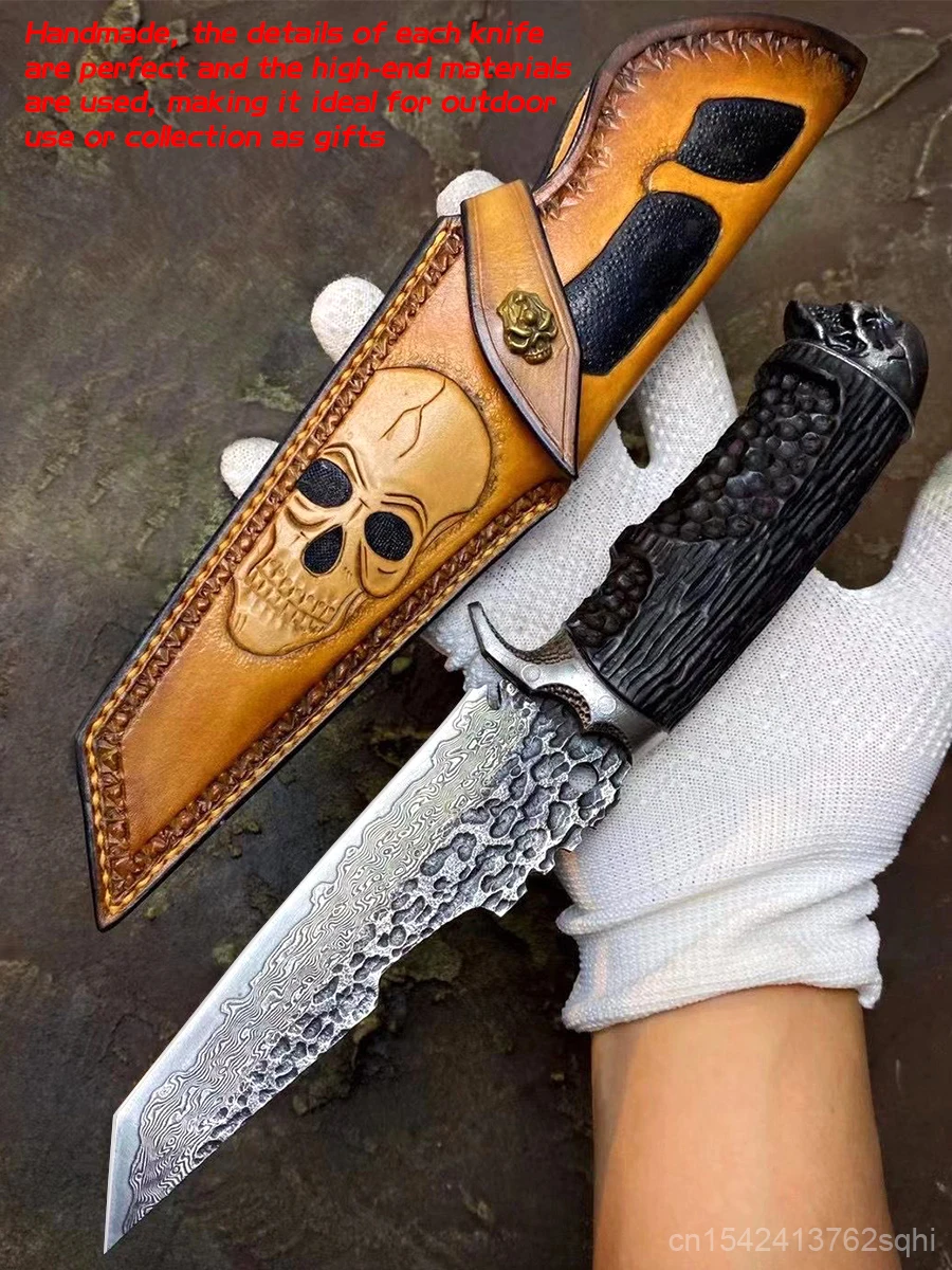 

New Falcon Damascus steel outdoor hunting straight knife ebony + alloy steel skull hilt adventure survival knife collection