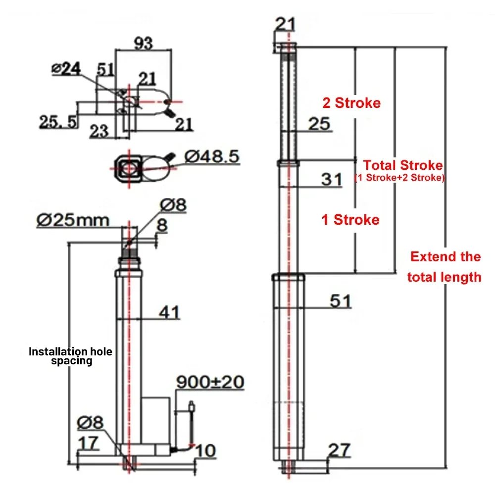 High-Thrust 3 Section Linear Actuator DC12V/24V Multi sectionTelescopic Push Rod for Industrial Reciprocating Motion 500N/1000N