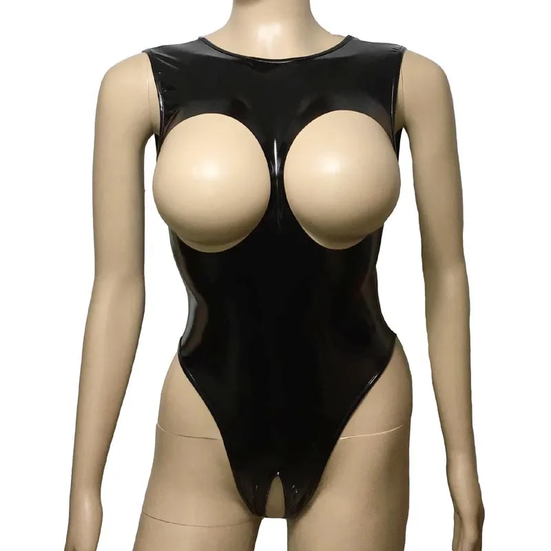 Lady Sexy Lingerie Teddies Shiny Gloss PU Leather Open Breast Open Crotch Bodysuit Catsuit Leotard Erotic Underwear For Women