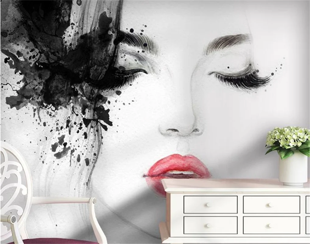 Customize wallpaper 3d stereoscopic Black and white red lips watercolor beauty Wall Background 3D Photo Wallpaper Home Decor