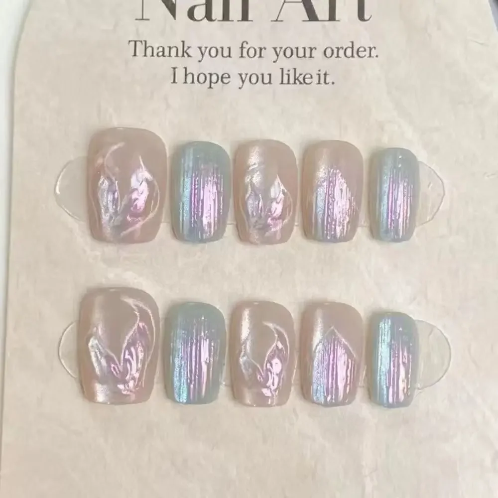 Fashion Wearable French Fake Nails Cat-eye Removable Gradient Nail Art Rhinestone Square Head Nail Tips Women