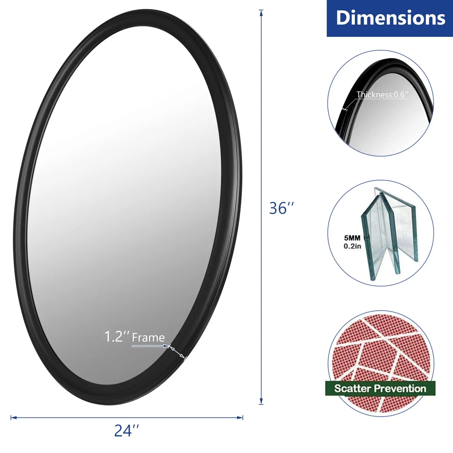 24x36 Inch Black Oval Bathroom Mirror, Wooden Fed Mirror Wall Mounted, ern Antique Style Mirror for Bathroom, Bedroom