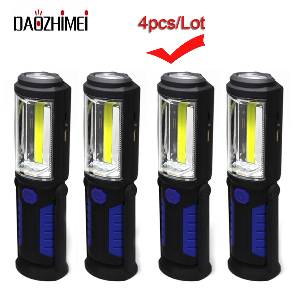 

4pcs/Lot Portable COB+LED Work Light Lamps USB Flashlight with Magnetic Hook Built-in Battery Powered Outdoors Camping Torch