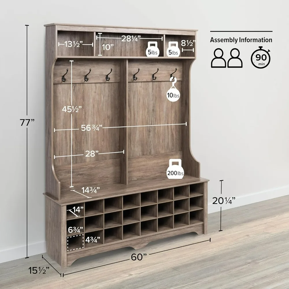 Gray Hall Tree, Shoe Cabinet, Storage Cabinet with 24 Shoe Cubbies and 6 Double Coat Hooks 15.5