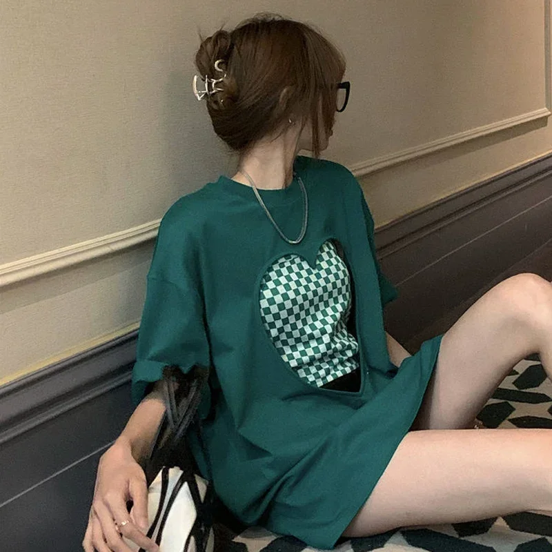 2025 Heart Hollowed Out Top Women New Loose Printed Plaid Korean Solid O-neck Oversized T-Shirt Halter T-shirt Two-piece Set