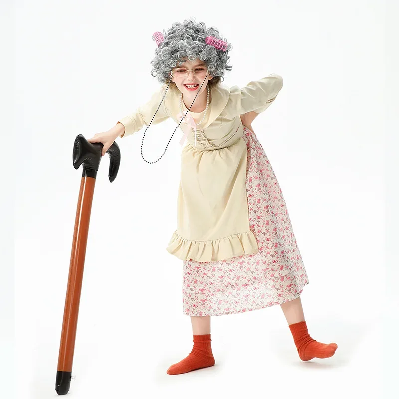 Kids Old Grandma Cos Costume Girls Vintage Floral Dress Apron with Wig Glasses Cane Set Halloween Carnival Role Play Outfit XY46