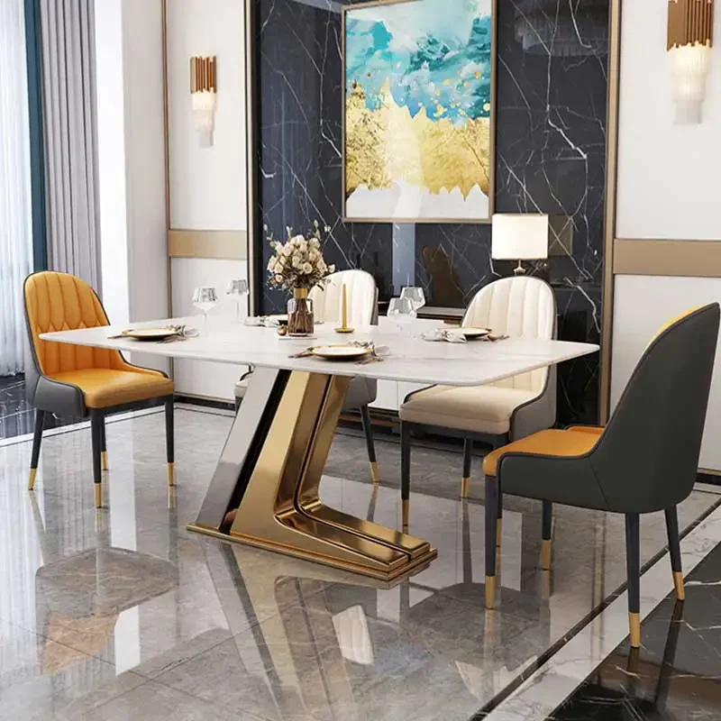 

z Luxury Stainless Steel Marble Slate Dining Table Set Home Furniture