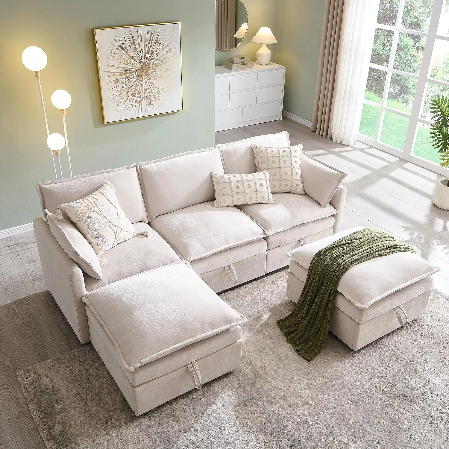 85.83" Modular Sectional Cloud Couches for Living Room, Modern Sectional Sofa with Storage Ottoman, U-Shape 5 Seat, Customized