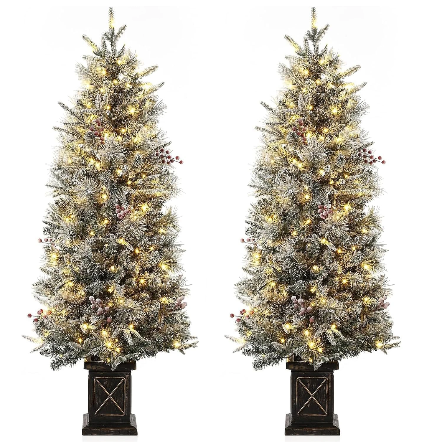 2 Pack 4.5 Ft Christmas Tree Potted Pre-Lit Artificial Christmas Tree Tabletop with 200 Warm White Lights, with Red Berries