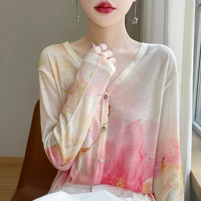 Primavera 2025 novo temperamento superior lã malhas com decote em v cardigan feminino verão camisa de fundo jacquard camisola casaco