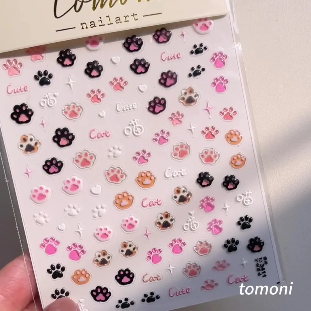 1 hoja 5D en relieve lindo gato rosa huella pegatina artística para uñas encantador gatito gato cachorro perro dibujos animados autoadhesivo 3D calcomanías para manicura