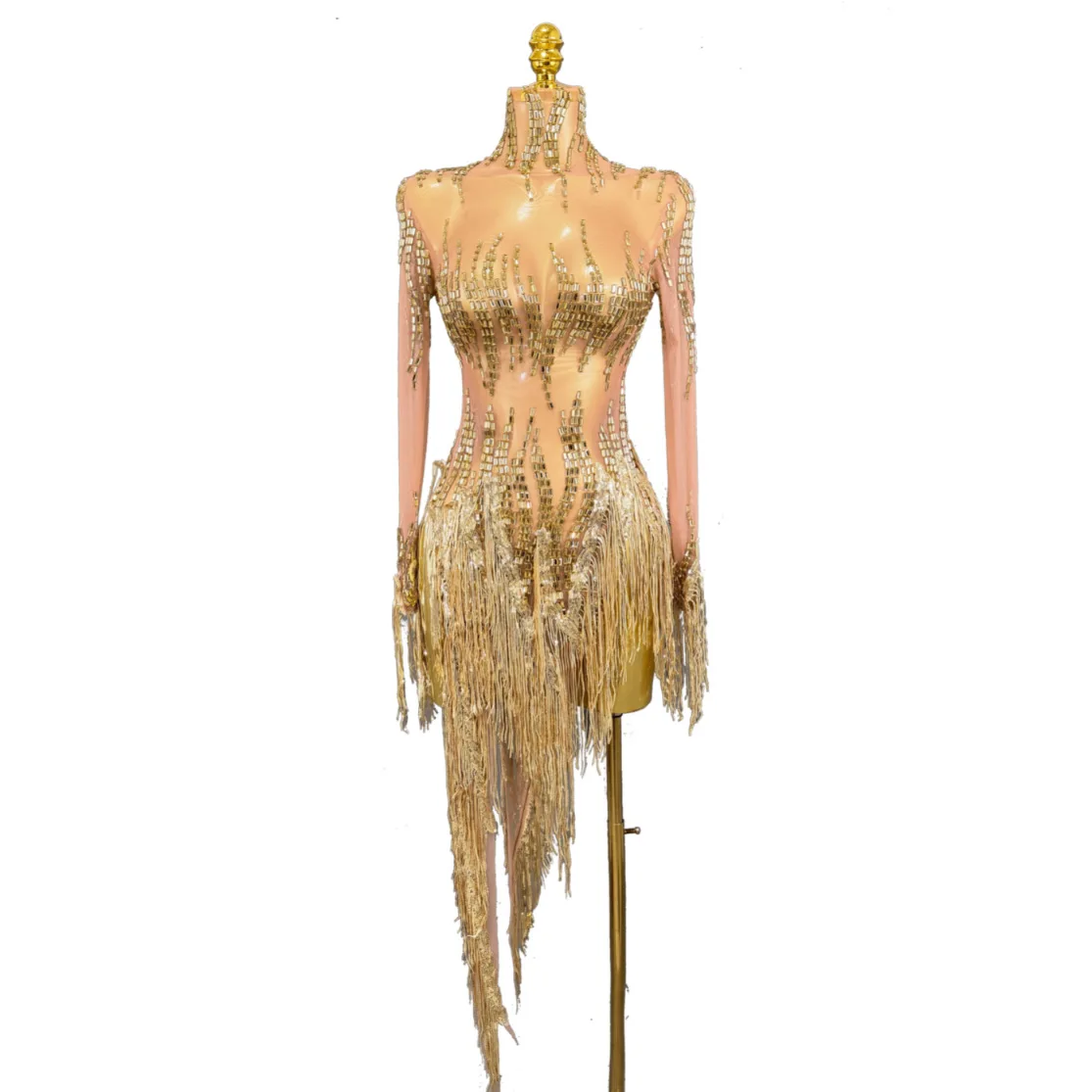 

Extravagant light luxury gold silver rhinestone fringed party birthday banquet host stage Latin dance costume