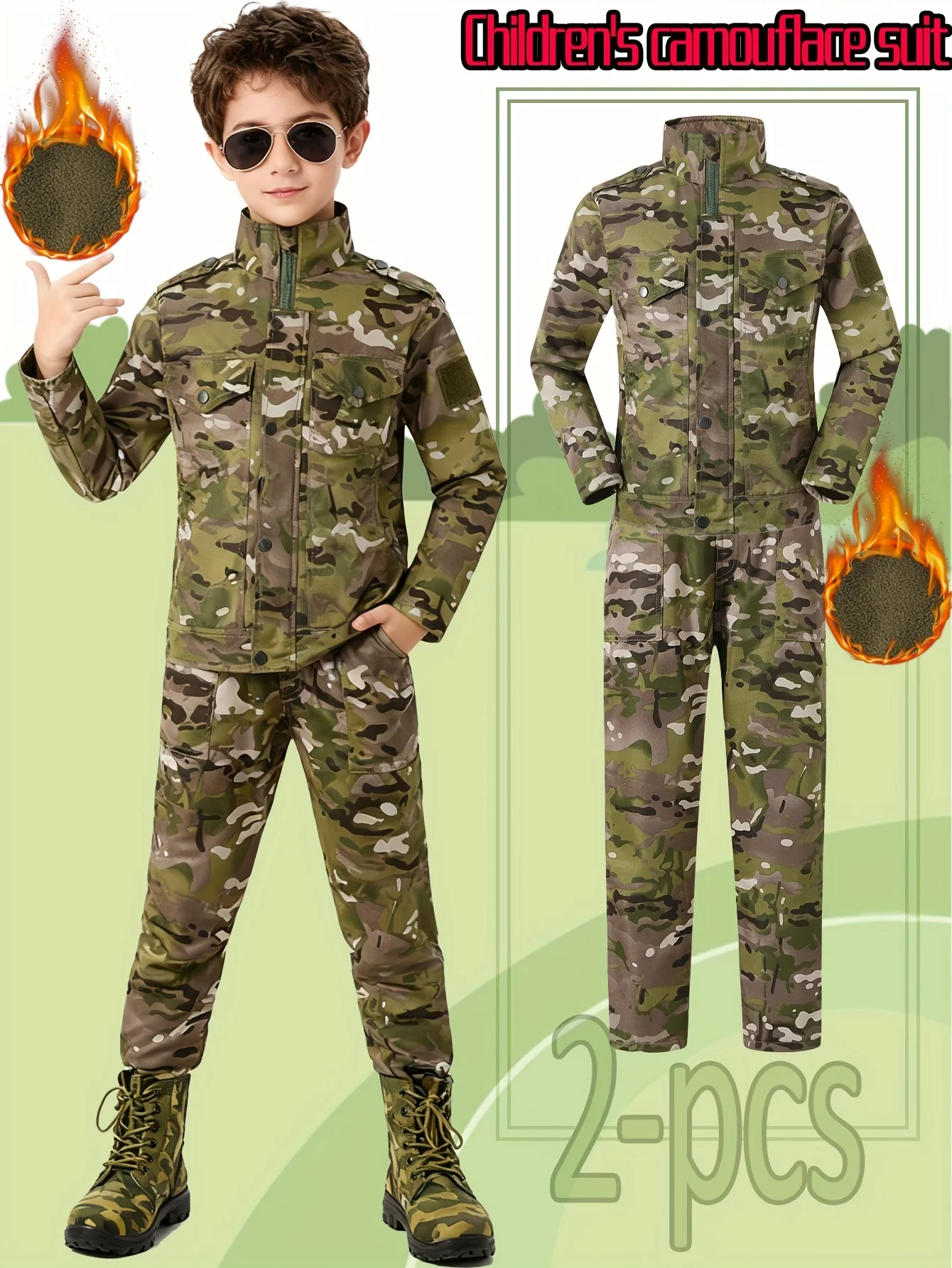 Terno camuflado grosso da moda de inverno para meninos e meninas, adequado para treinamento ao ar livre, uso diário, design de camuflagem exclusivo, infantil